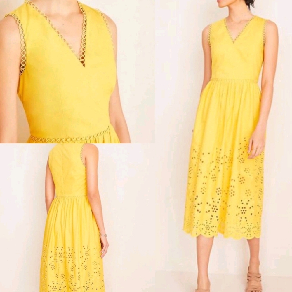 Ann Taylor Sz 0 Petite Yellow Eyelet Midi Dress